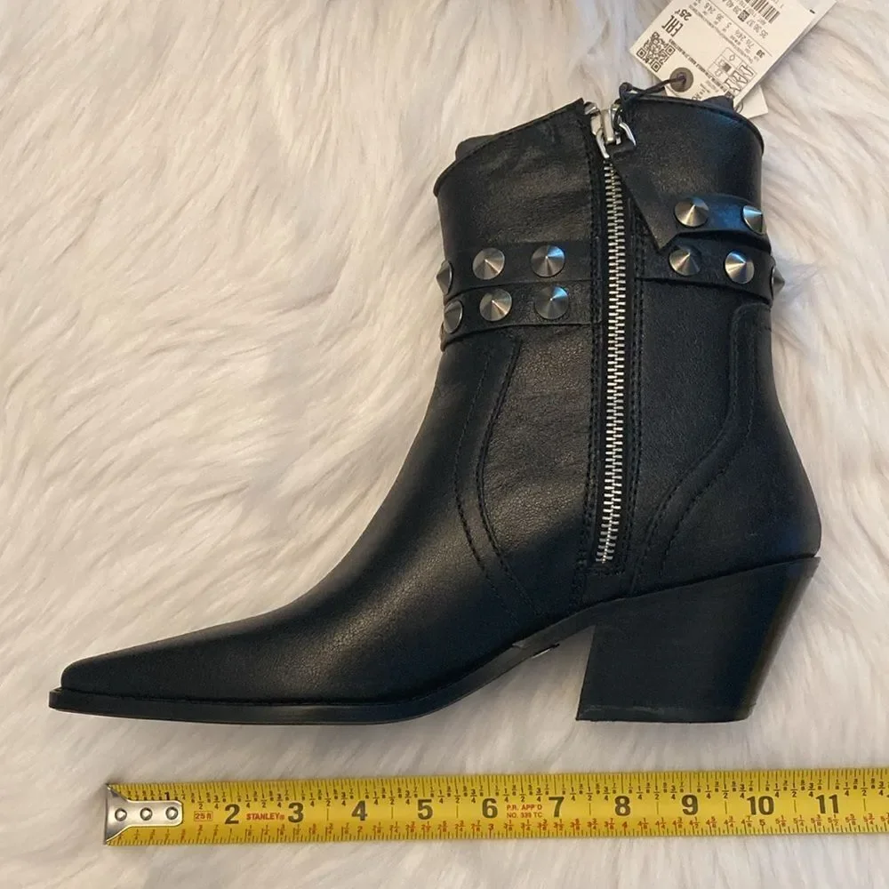 Zara Black Leather Strap Cowboy Comfortable Block Heel Ankle Boots